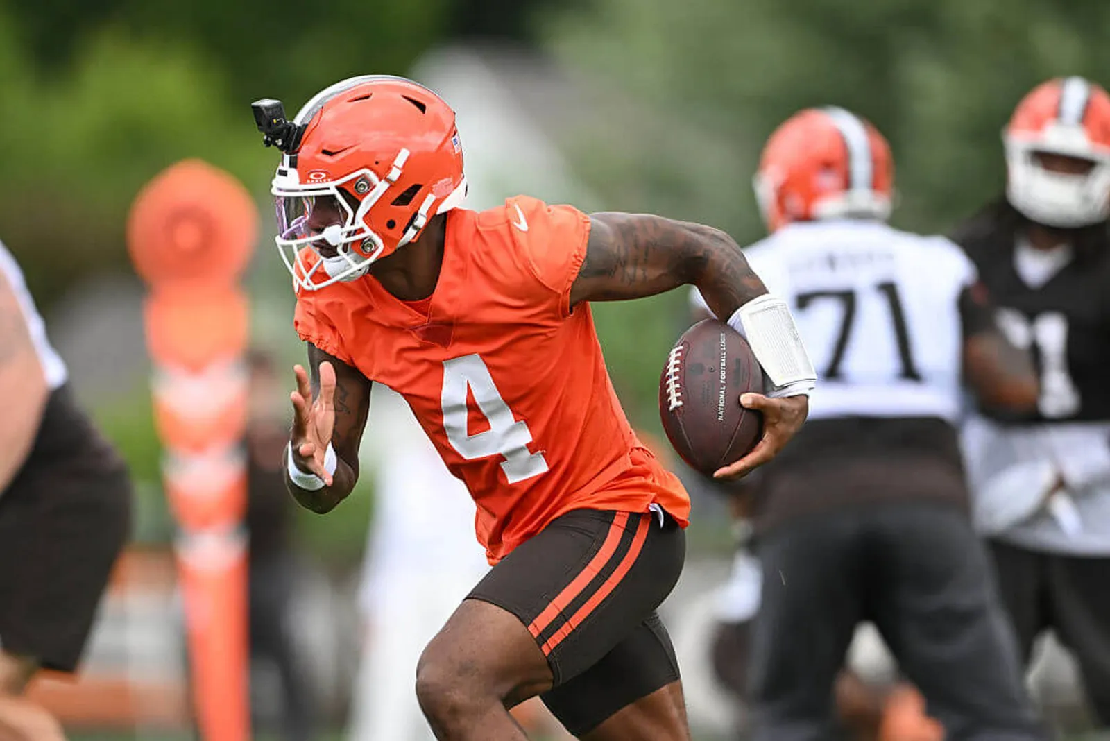 Deshaun Watson runs a drill during the Cleveland Browns mandatory minicamp at CrossCountry Mortgage Campus on June 11, 2026, in Berea, Ohio.